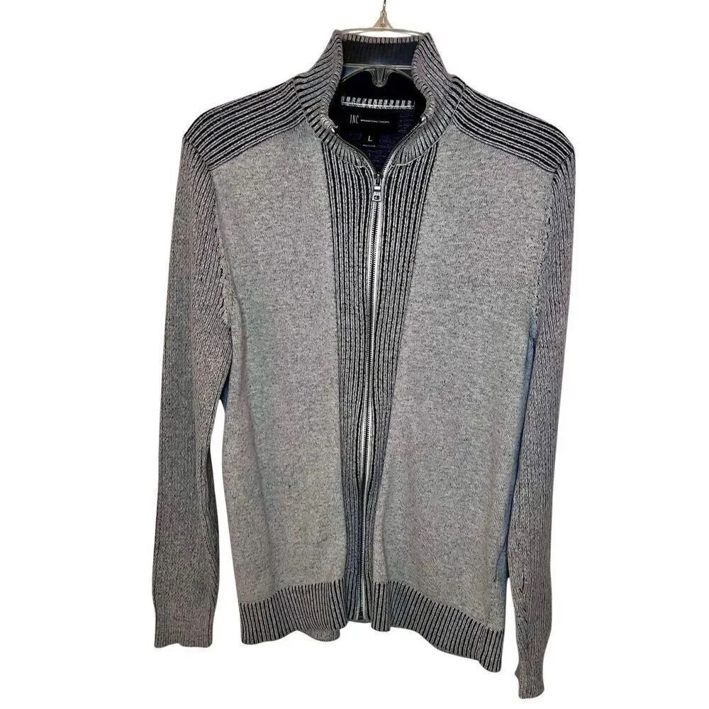 INC International Concepts Full Zip Gray Sweater Ribbed Men’s Sz Large Cotton